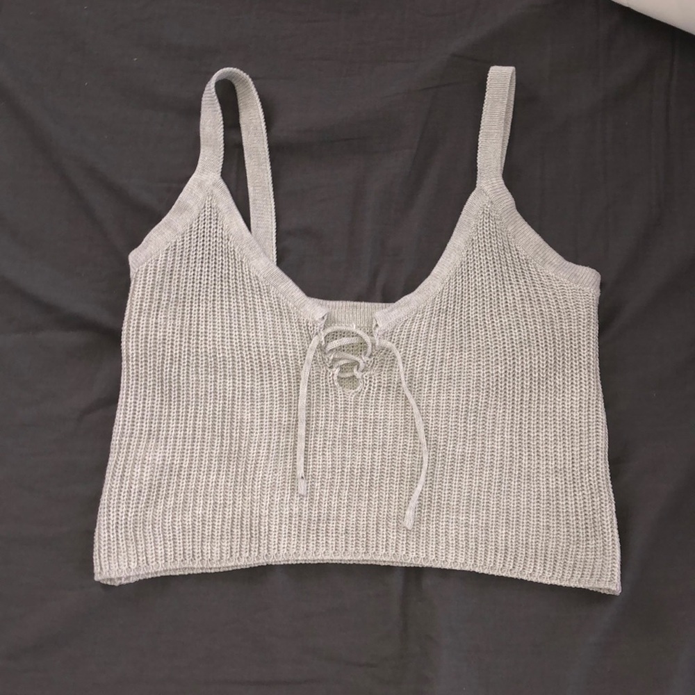 Grey Knit String Tie Crop Top